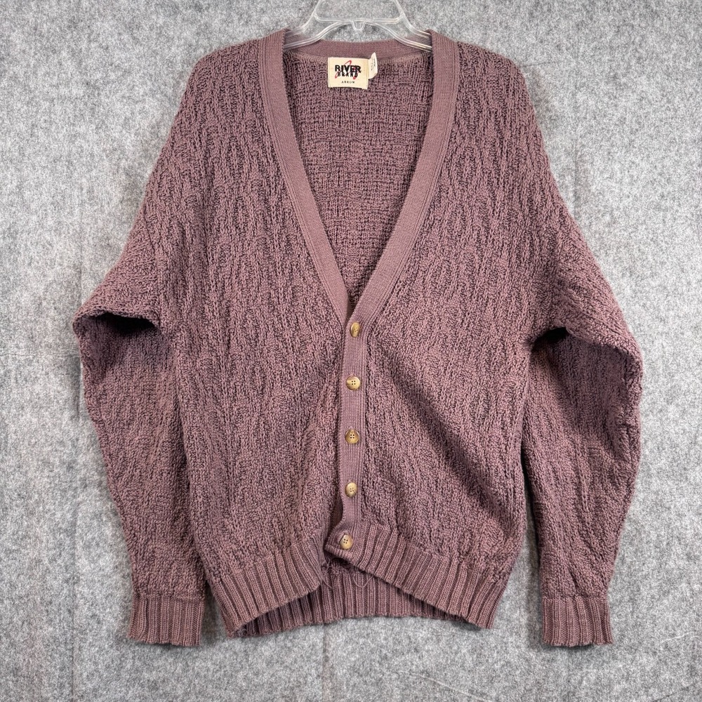 Vintage River Brand Sweater Cardigan Mens size Medium Purple Chunky Knit Cabin